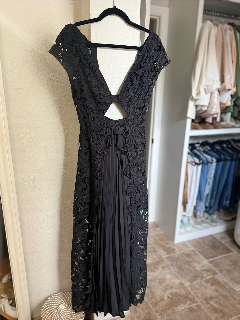 Anthropologie Black Lace Midi Dress with Pleated Back Panel